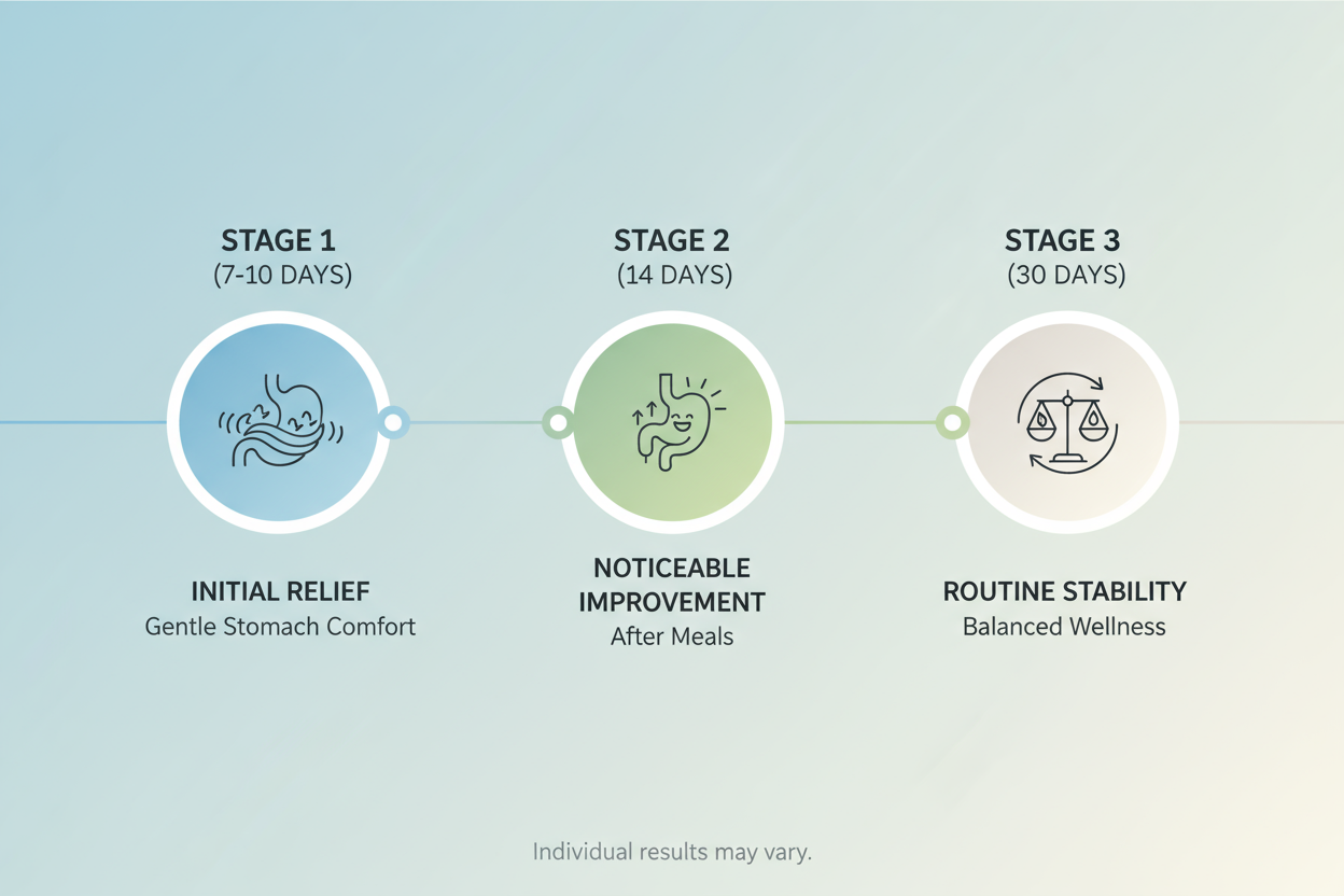 - 7–10 أيام: ارتياح أولي.- 14 يومًا: تحسّن ملحوظ في الراحة بعد الوجبات.- 30 يومًا: استقرار الروتين. النتائج فردية وقد تختلف. cosa aspetto